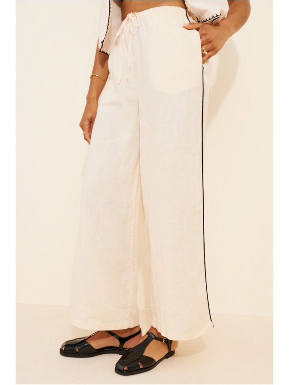 Little Lies Contrast Bind Wide-Leg Linen Pants Neutral Cream Black Stripe